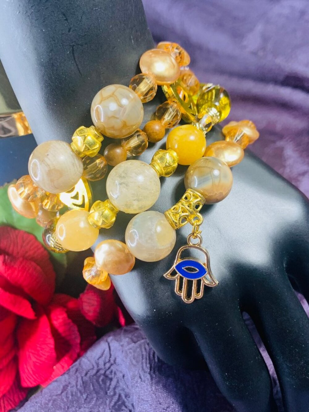 One-Of-A-Kind Evil Eye Charm, Agate, Tiger Skin Jasper & Pearl Bracelet Set